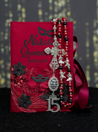 Burgundy Black mask Quinceanera Bible (Spanish version)