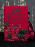 Burgundy Black mask Quinceanera bible, rosary and guest book