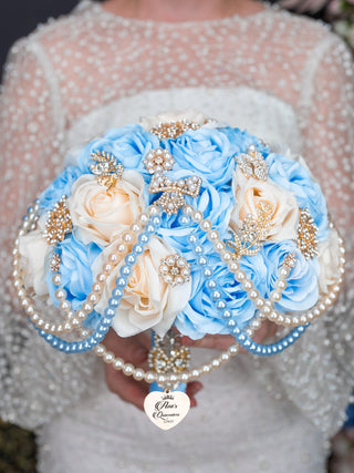 Light Blue Ivory with Pearl Quinceanera bouquet 9 inches