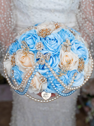 Light Blue Ivory with Pearl Quinceanera bouquet 9 inches