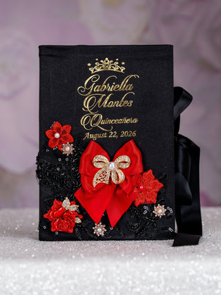 Black Red with Bow Quinceanera Bottle with 4 Glasses