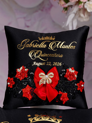 Black Red with Bow quinceanera tiara pillow