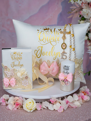 Champagne Pink Quinceanera package of pillows set, Bible and guest book