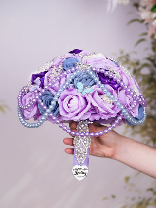 Lilac Dusty Blue quinceanera bouquet 9 inches