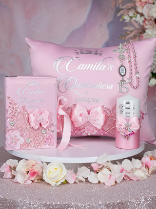 Pink Quinceanera package of pillows set, Bible and guest book