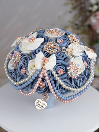 Slate Blue Rose Gold with Pearl Quinceanera Bouquet 13 inches