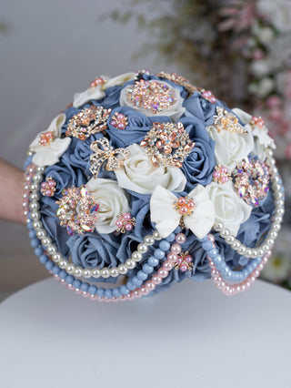 Slate Blue Rose Gold with Pearl Quinceanera Bouquet 13 inches