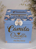 Dusty Blue Rose Gold quinceanera kneeling pillow, shoes pillow