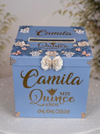 Dusty Blue Rose Gold quinceanera kneeling pillow, shoes pillow