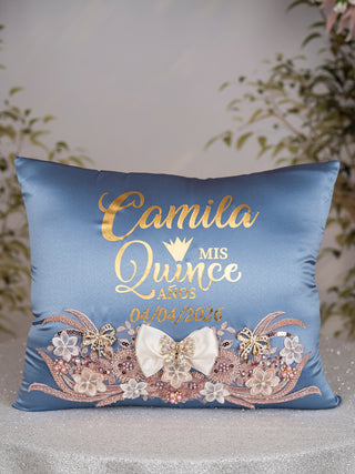 Dusty Blue Rose Gold quinceanera kneeling pillow, shoes pillow