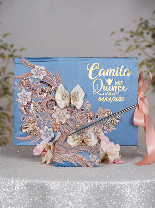 Dusty Blue Rose Gold quinceanera guest book