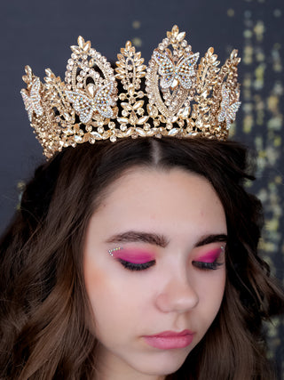 Big Gold Quinceanera Crown with butterflies