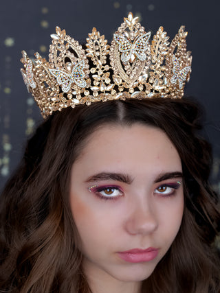 Big Gold Quinceanera Crown with butterflies