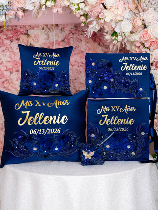 Navy Blue Gold Quinceanera theme pillows set, guest book with album de fotos
