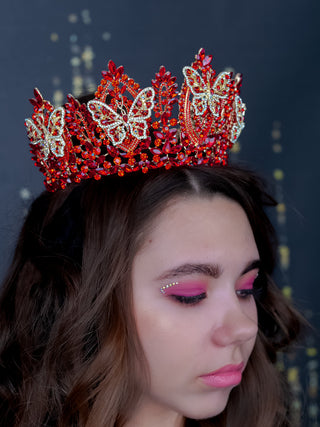 Red gold tiara crown with butterflies for quinceanera