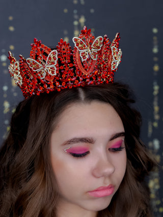 Red gold tiara crown with butterflies for quinceanera