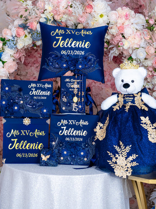 Navy Blue Gold Quinceanera theme pillows set, guest book with album de fotos