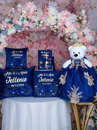 Navy Blue Gold Quinceanera theme pillows set, guest book with album de fotos