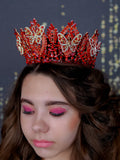 Red gold tiara crown with butterflies for quinceanera