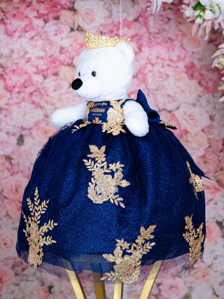 Navy blue gold with bow teddy bear for quinceanera