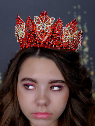Red gold tiara crown with butterflies for quinceanera