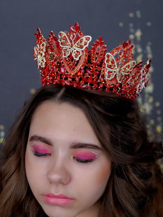 Red gold tiara crown with butterflies for quinceanera