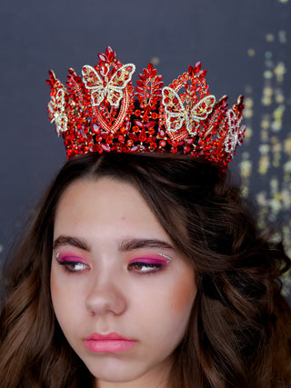 Red gold tiara crown with butterflies for quinceanera
