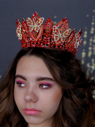 Red gold tiara crown with butterflies for quinceanera
