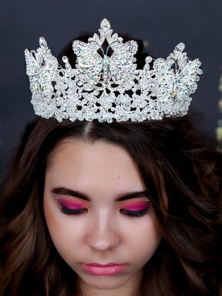 Silver quinceanera crown with butterflies