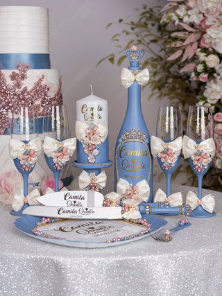 Dusty Blue Ivory with Bow quinceanera brindis package with bottle