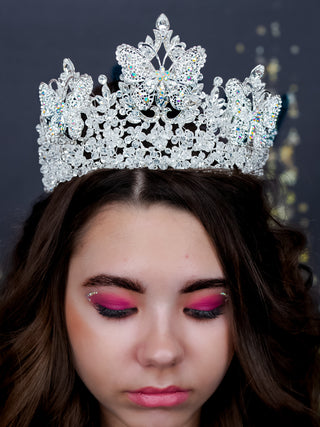 Silver quinceanera crown with butterflies