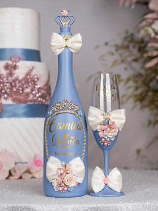 Dusty Blue Ivory with Bow Quinceanera theme bottle with 1 glass