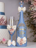 Dusty Blue Ivory with Bow quinceanera brindis package with bottle