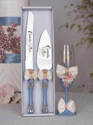 Dusty Blue Ivory with Bow Quinceanera theme bottle with 1 glass