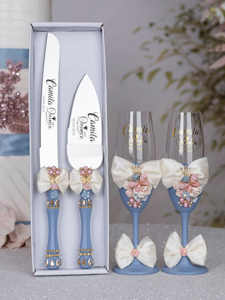 Dusty Blue Ivory with Bow quinceanera brindis package with bottle
