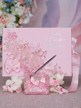 Libro de visitas de quinceañera rosa con bolígrafo