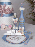 Dusty Blue Ivory with Bow Quinceanera theme bottle with 1 glass