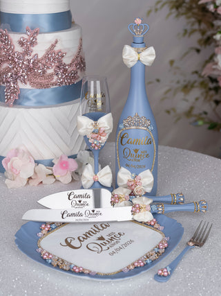 Dusty Blue Ivory with Bow Quinceanera theme bottle with 1 glass
