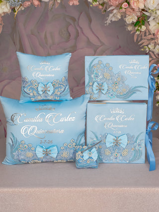 Light Blue Quinceanera Snowflake theme pillows set, guest book with album de fotos