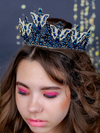 Quinceanera tiara with butterflies navy blue with gold