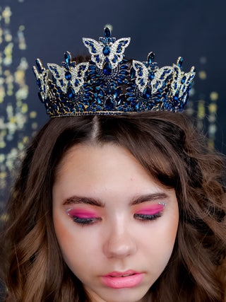 Quinceanera tiara with butterflies navy blue with gold