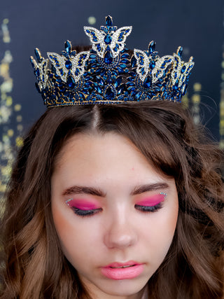 Quinceanera tiara with butterflies navy blue with gold