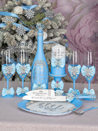 Light Blue Quinceanera Snowflake theme 4 champagne glasses