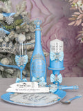 Light Blue Quinceanera Snowflake theme brindis package with bottle and candle