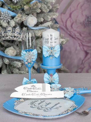 Light Blue Quinceanera Snowflake theme brindis package with candle