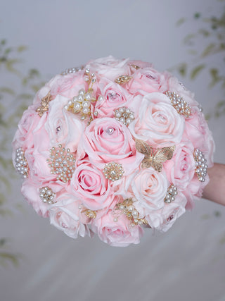 Blush Pink with Gold Quinceanera Bouquet 13 inches