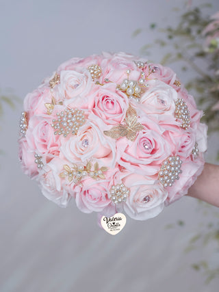 Blush Pink with Gold Quinceanera Bouquet 13 inches