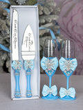 Light Blue Quinceanera Snowflake theme cake knife set with 2 glasses