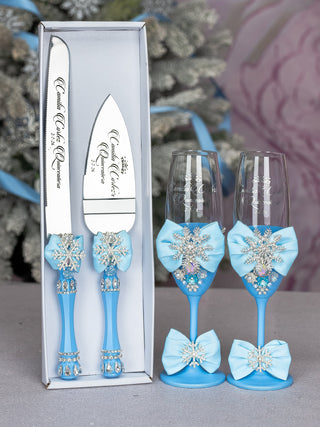 Light Blue Quinceanera Snowflake theme cake knife set with 2 glasses