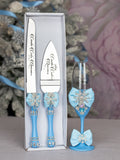 Light Blue Quinceanera Snowflake theme cake knife set with 1 glass